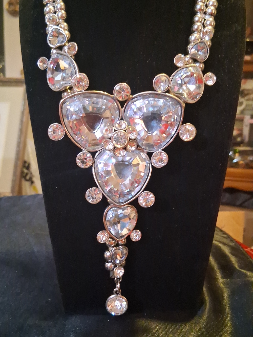 Clear Crystal Teardrop Statement Necklace - Silver